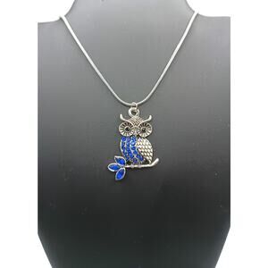 Stainless Steel Blue Crystal Owl Pendant Necklace 18" Handmade